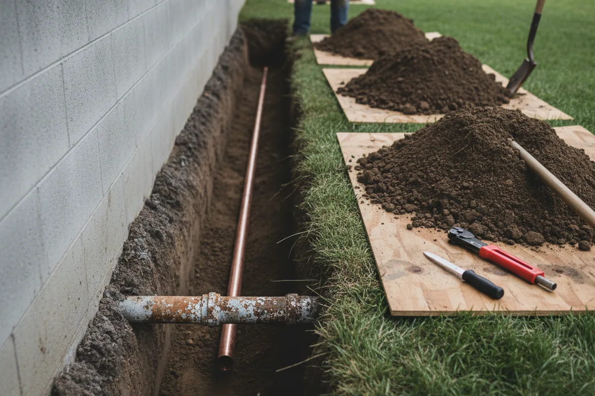 Excavated water line trench during Water Softener Installation in North Judson